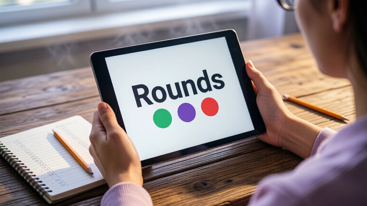 A woman writer at a wooden desk in a bright room holding a tablet upright towards the camera, the tablet screen showing the single large word "Rounds" above three small round circles in green, violet and red on a plain white background, a ruled notebook with pencil sums beside her