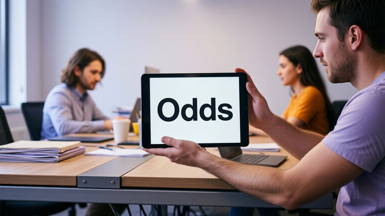 Three people around a long table in a bright co-working room, one holding up a tablet whose screen faces the camera and shows the single large word "Odds" on a plain white background, a plain pale wall behind them