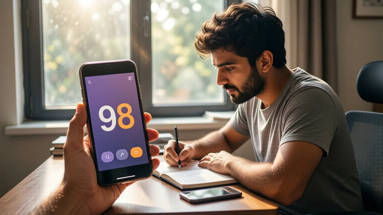 An Indian man in his late twenties with short curly black hair, a light beard and a grey t-shirt sitting at a desk by a sunny window, writing sums in a notebook with a phone lying beside it, the phone screen facing the camera and showing the large figure "98"