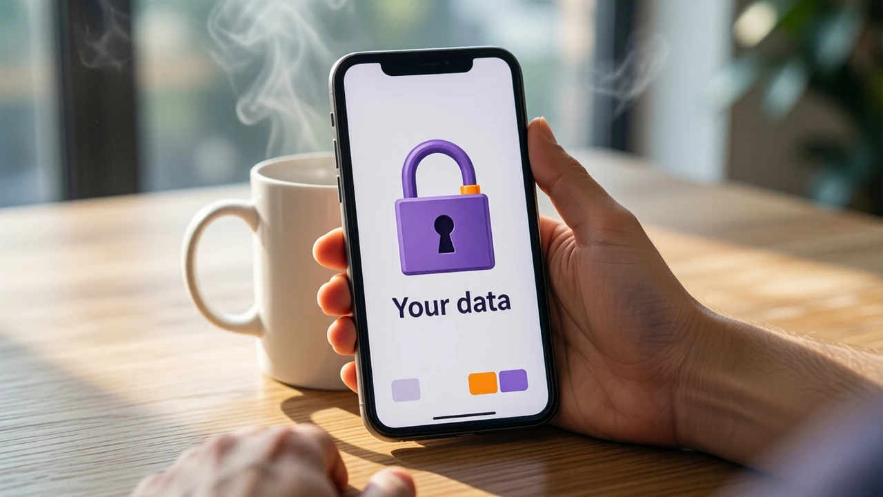 A smartphone propped against a white mug on a light wooden table in daylight, its screen showing a large violet padlock with the two words "Your data" beneath it on a plain pale background