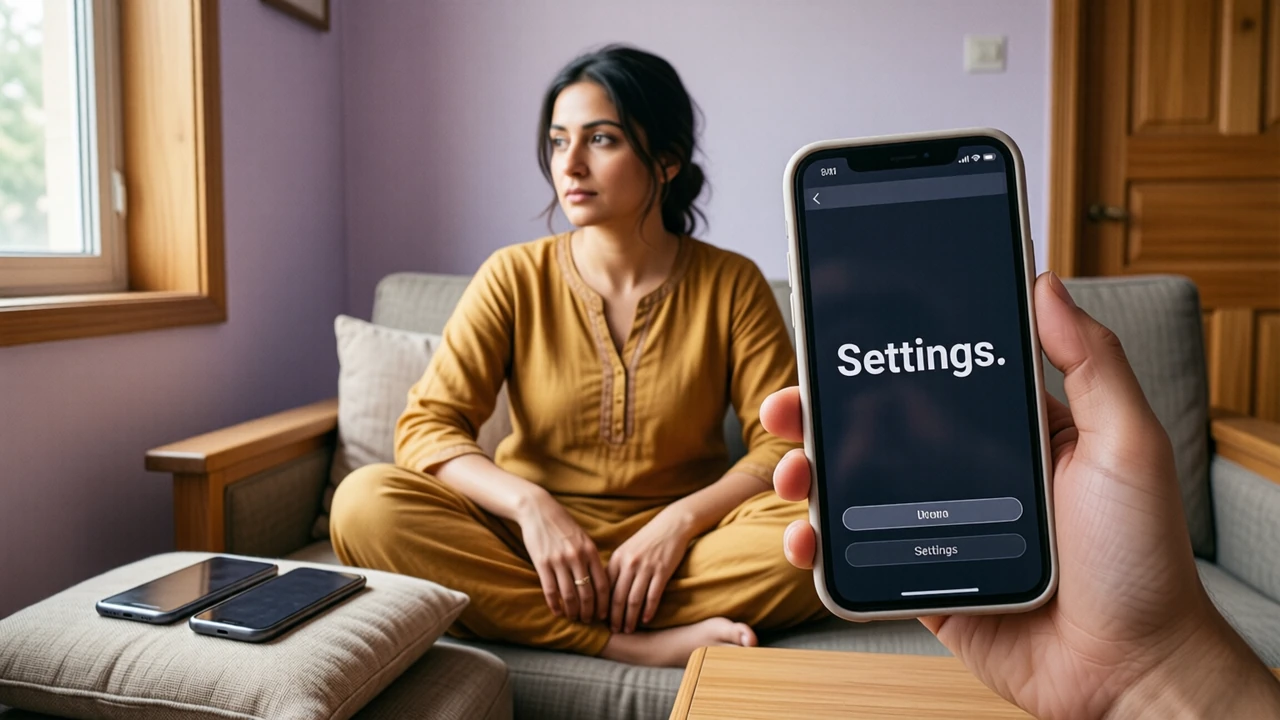 A woman in her thirties with her hair tied back and a mustard kurta sitting cross-legged on a sofa in daylight, two smartphones resting on a cushion beside her, one held up towards the camera with its screen showing the single large word "Settings"