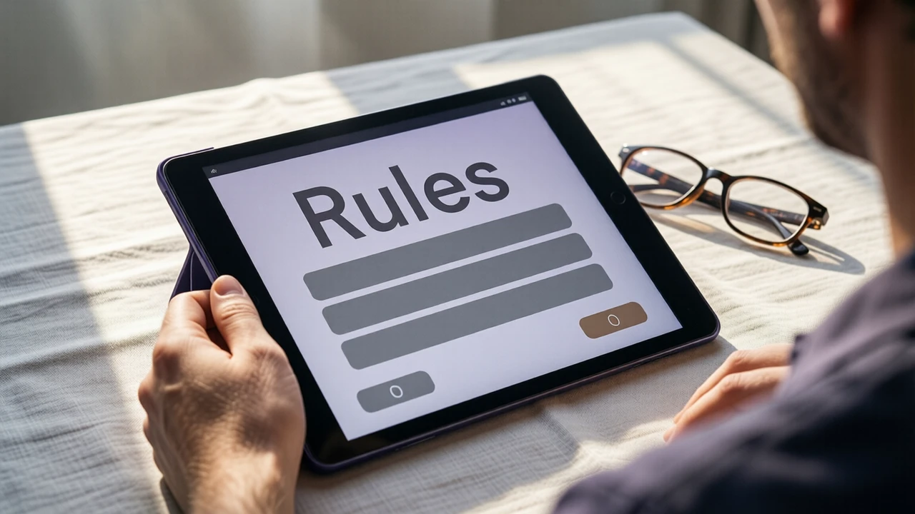 A tablet lying on a pale linen tablecloth in morning light, its screen showing the large heading "Rules" above three short grey bars of equal length, a pair of glasses folded beside it