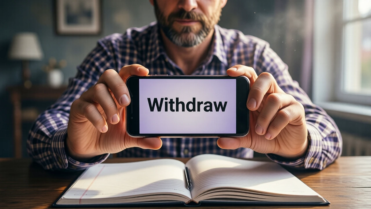 A man in his forties with a trimmed beard and a checked shirt sitting at a dining table in afternoon light, a ruled notebook open in front of him, holding a smartphone towards the camera with the screen showing the single large word "Withdraw"